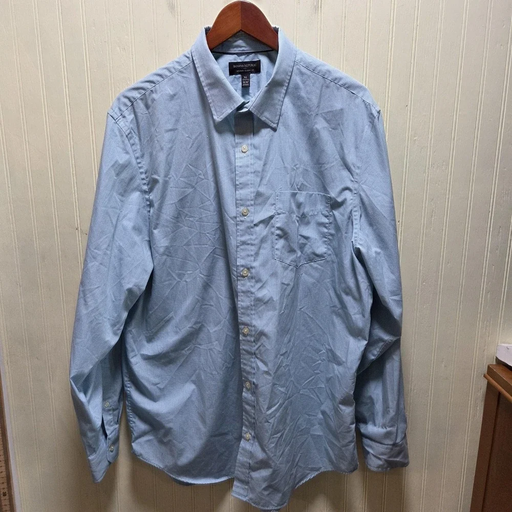 Banana Republic Dress Shirt Mens XL 17-17.5 Blue Check Non Iron Classic Fit